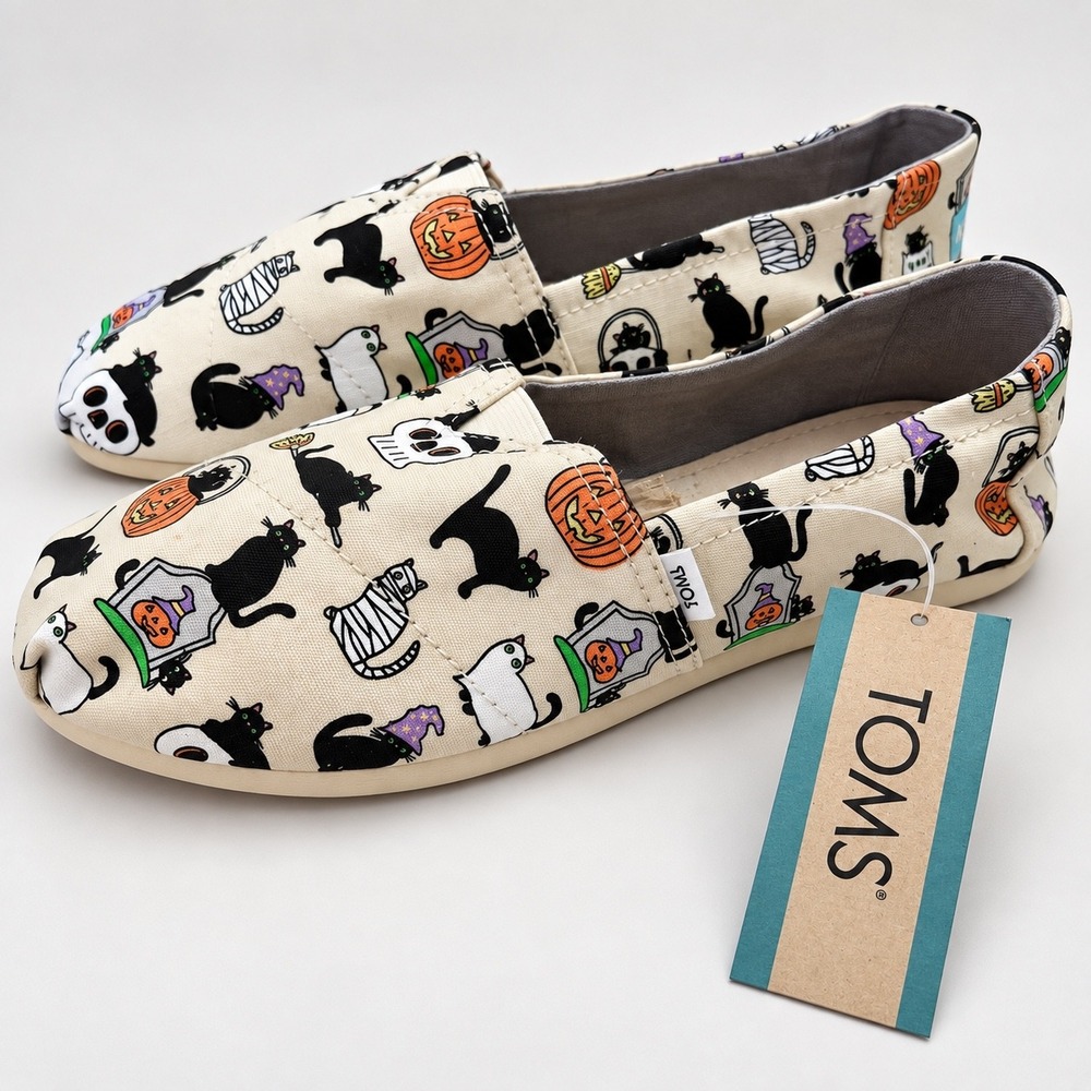 TOMS Belmont Women's 6.5 Halloween Cats Shoes Slip On Pumpkin Black Cat NWT